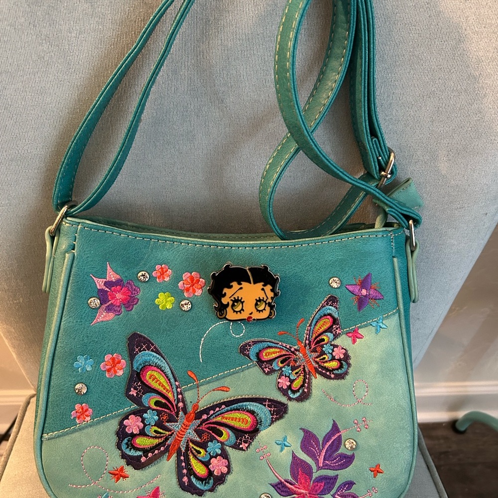 Embroidered Teal Crossbody Bag with Butterfly Design & Betty Boop